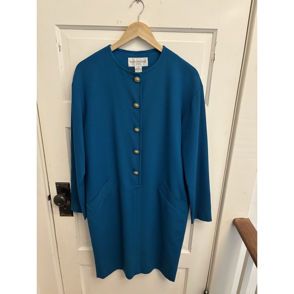 Evan Picone Vintage Blue 100% Wool LS Dress Gold Lion Buttons Pockets Size 10